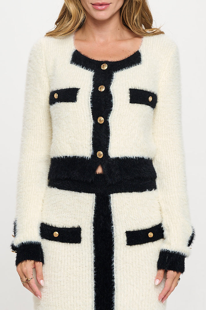 Soft Fuzzy Square Neck Cardigan Top and Skirt Set-1