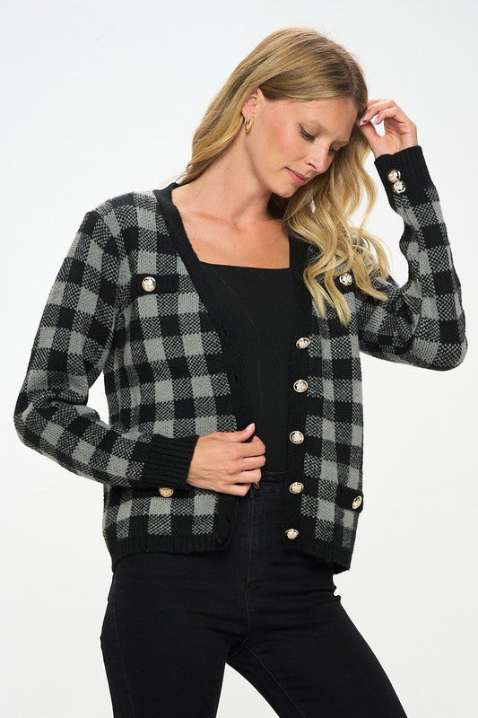 Checkered Knit Open Front Mini Cardigan with Buttons-2