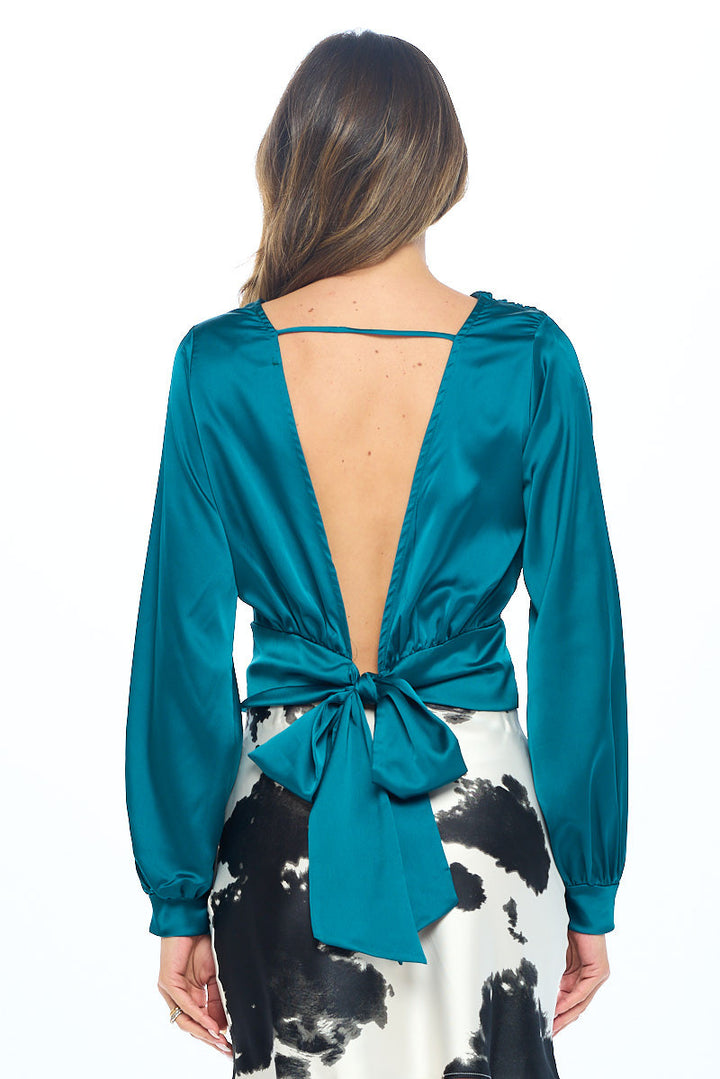 Stretch Satin Solid V neck Top with Open Back-2