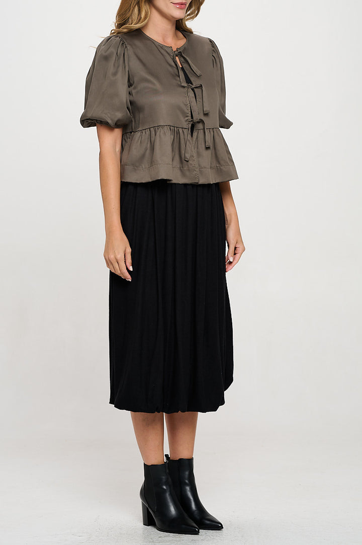 Tencel Puff Sleeve Top with Front Bow Detail-2