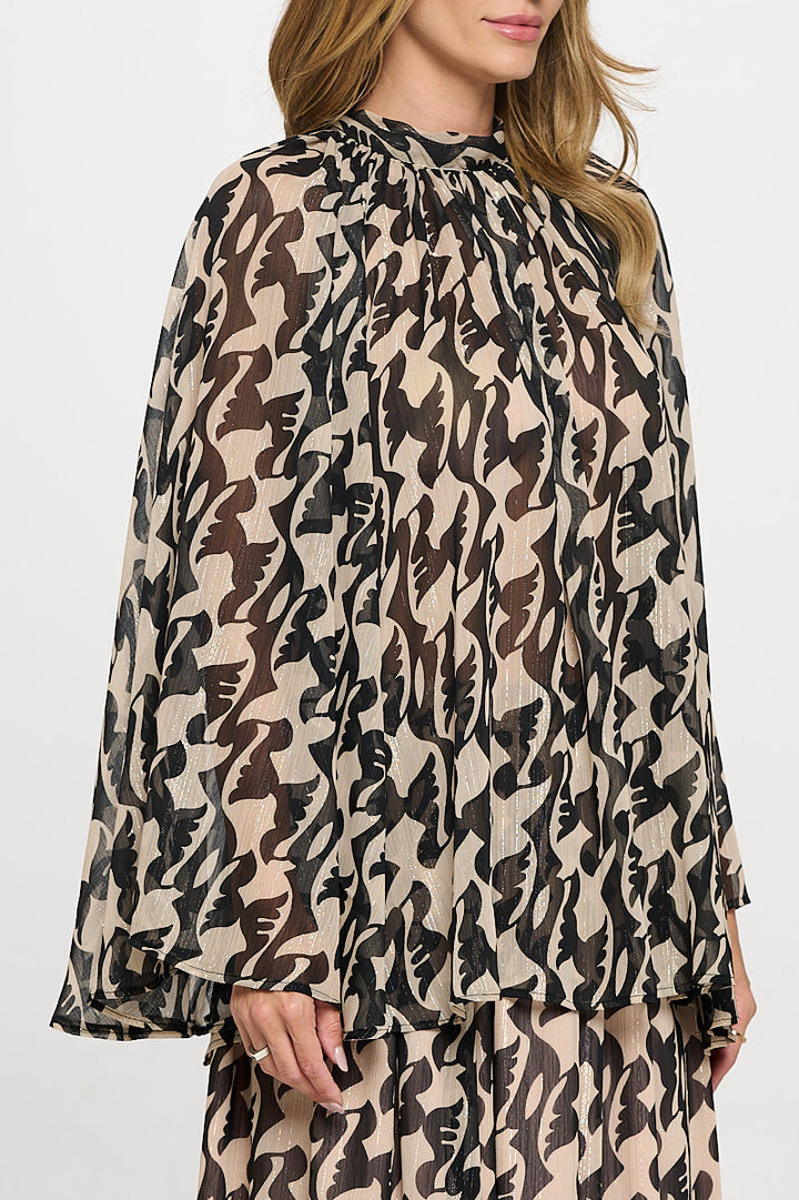 Print Sheer Long Bell Sleeve Top with Back Tie Detail-2