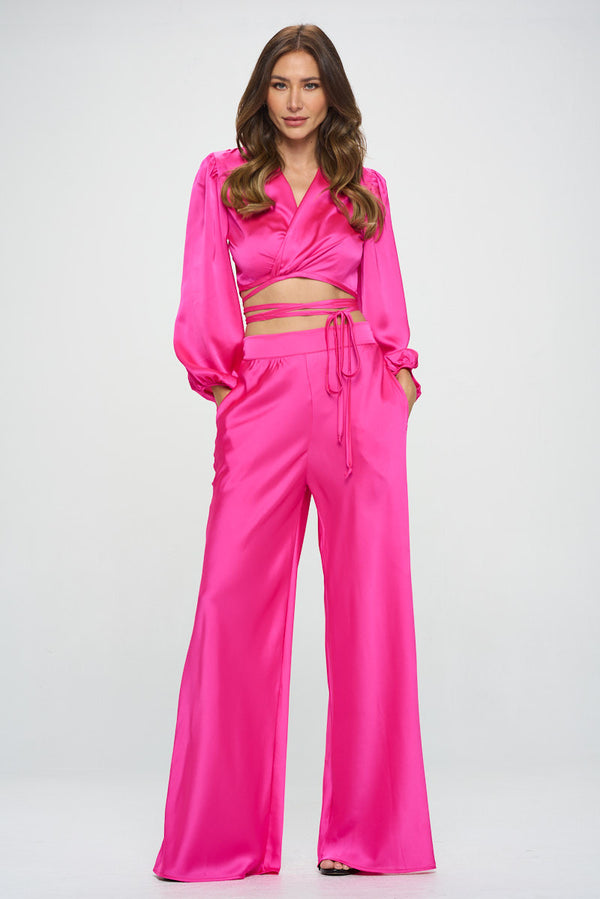 Silky Satin Wrap Crop Top with Tie-0