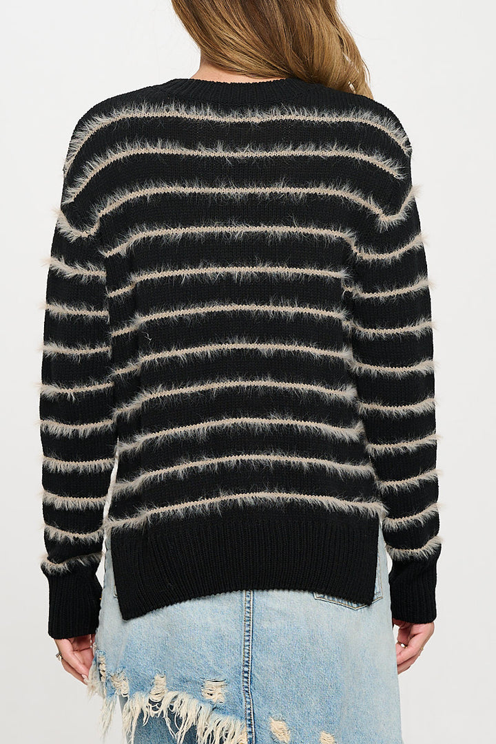 Striped Fuzzy Long Sleeve Pullover Crewneck with Side Slit-4
