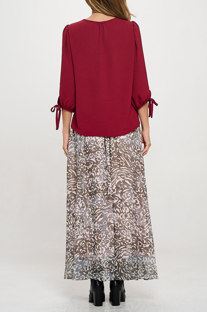 Solid V neck 3/4 Sleeve Top with Sleeve Tie-3