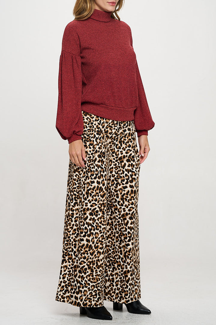 Rib Knit Turtleneck Top with Balloon Cuffed Sleeve-2