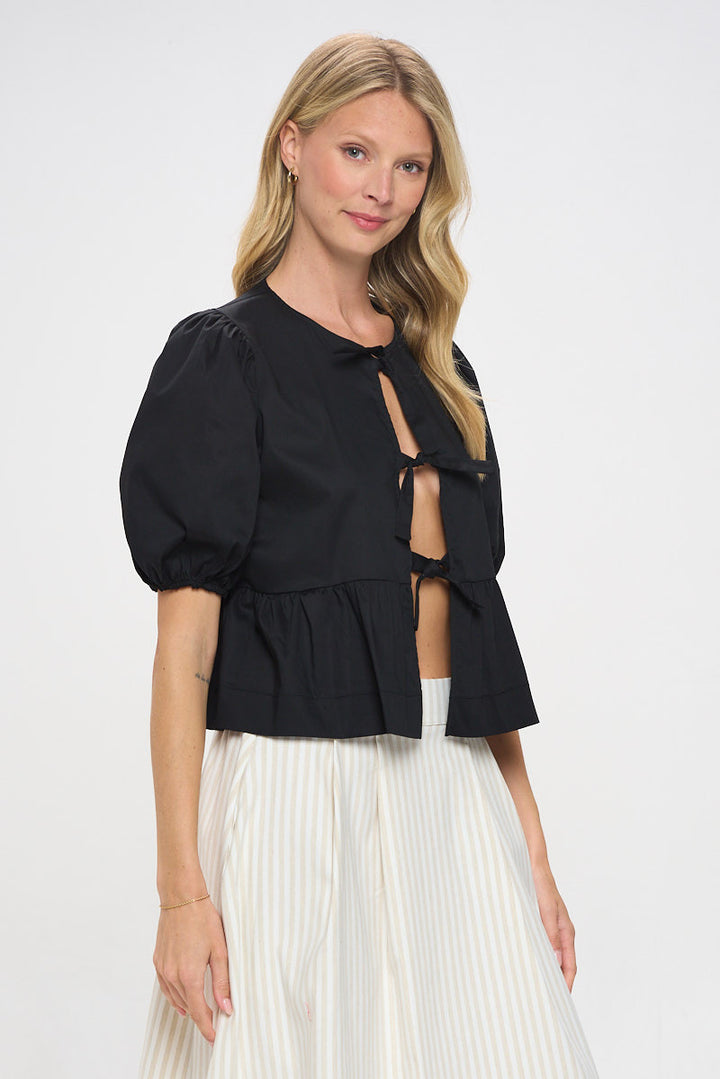 Cotton Puff Sleeve Top with Front Tie Detail-2