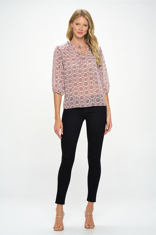 Print Semi Sheer Top with Tie-4