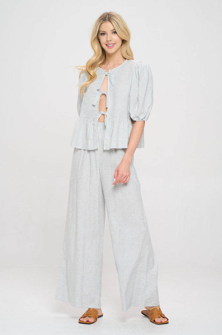 Striped Puff Sleeve Top with Front Bow Detail-4