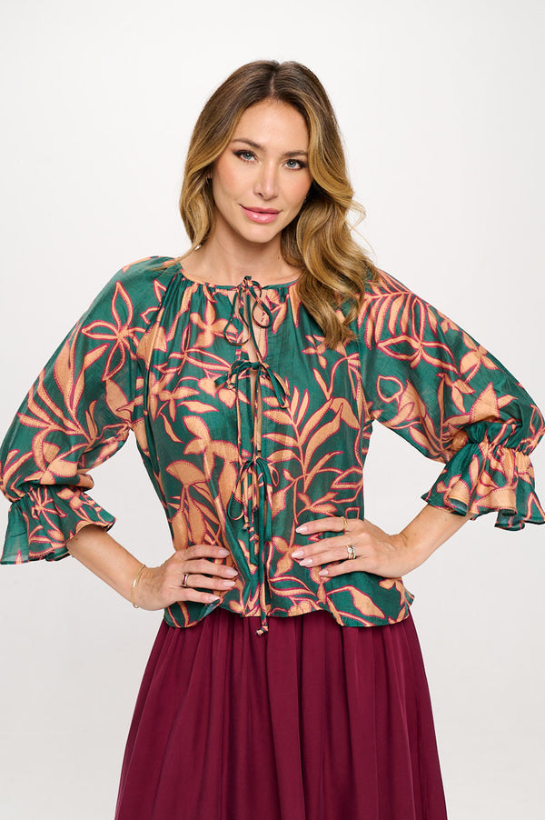 Print Round neck Top with Front Tie Detail.-0