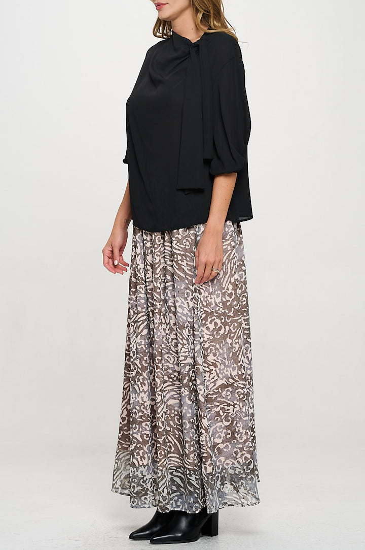 Solid Sheer 3/4 Sleeve with Scarf Detail-2