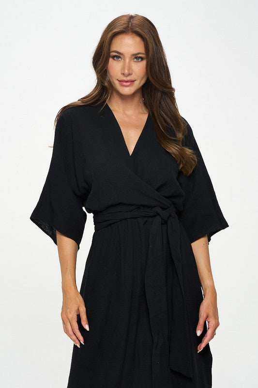 Solid Kimono Style Maxi Dress with Tie-0