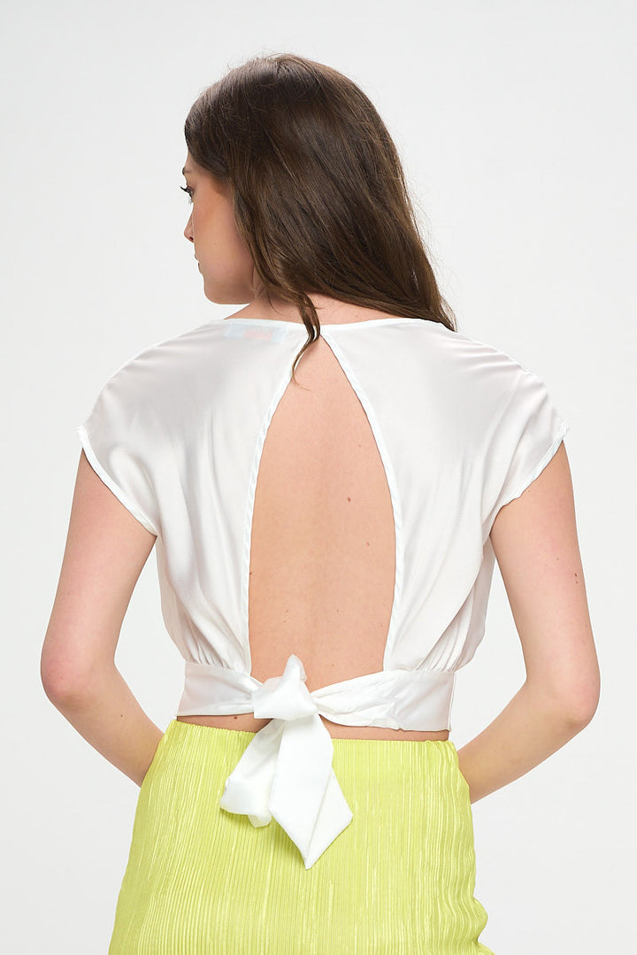 Satin Cowl Neck Short Sleeve Crop Top with Open Back Detail and Tie-3