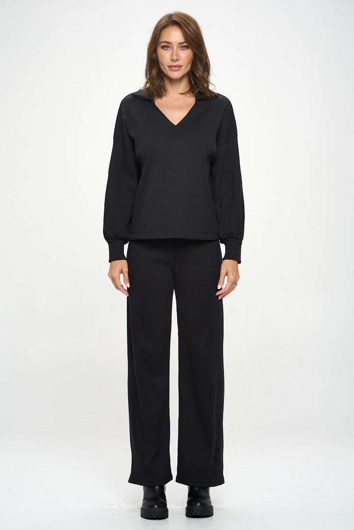 Rib Knit V neck Top with Collar-3