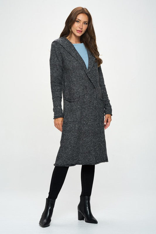 Charcoal Knit Open Front Cardigan Sweater with Pockets and Hood-2