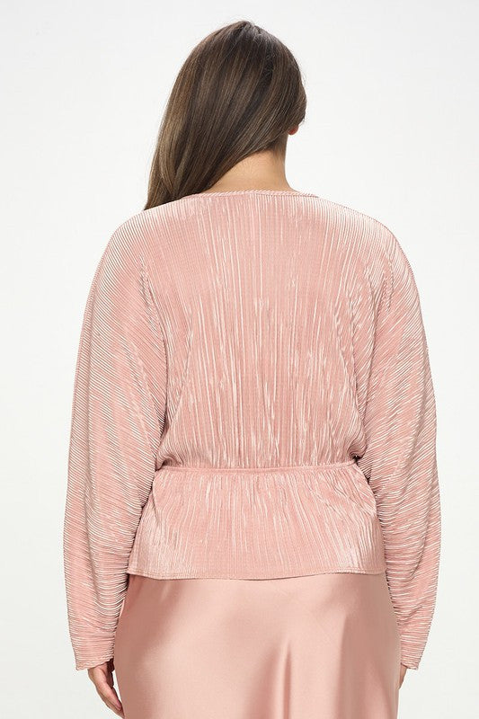 Plisse V neck Top with Balloon Dolman Sleeve-3