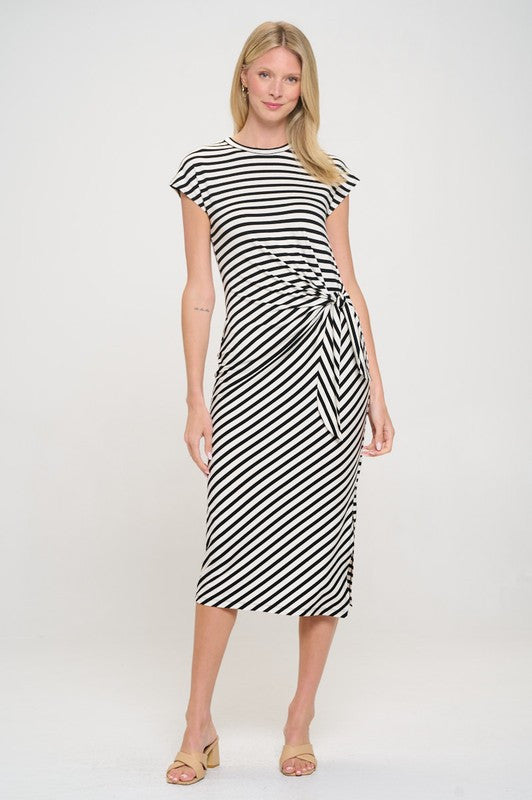 Striped Knit Bodycon Midi Dress with Front Tie and Slit-1