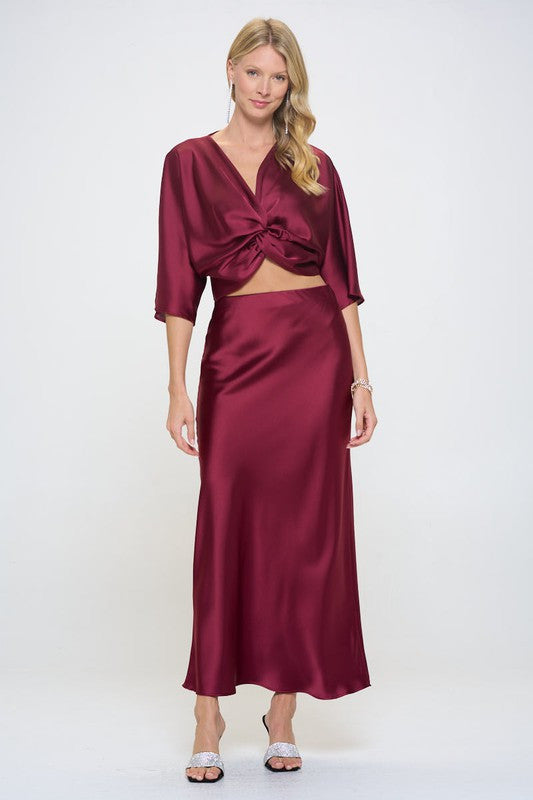 Satin Vibrant Short Sleeve Top with Front Twist-1