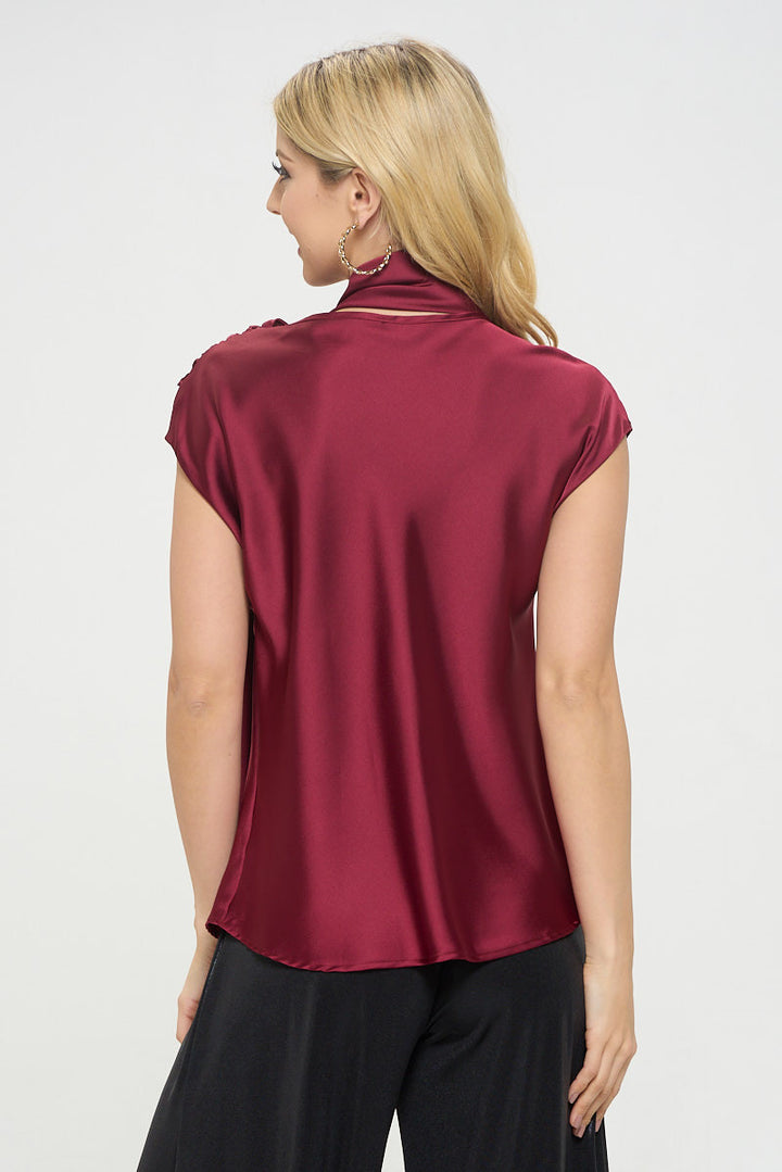 Satin Cowl Neck Short Sleeve Top with Scarf Detail-3