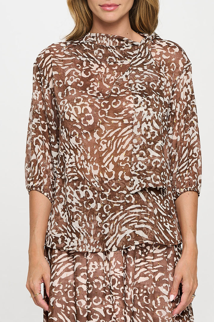Abstract Print Sheer 3/4 Sleeve with Scarf Detail-2
