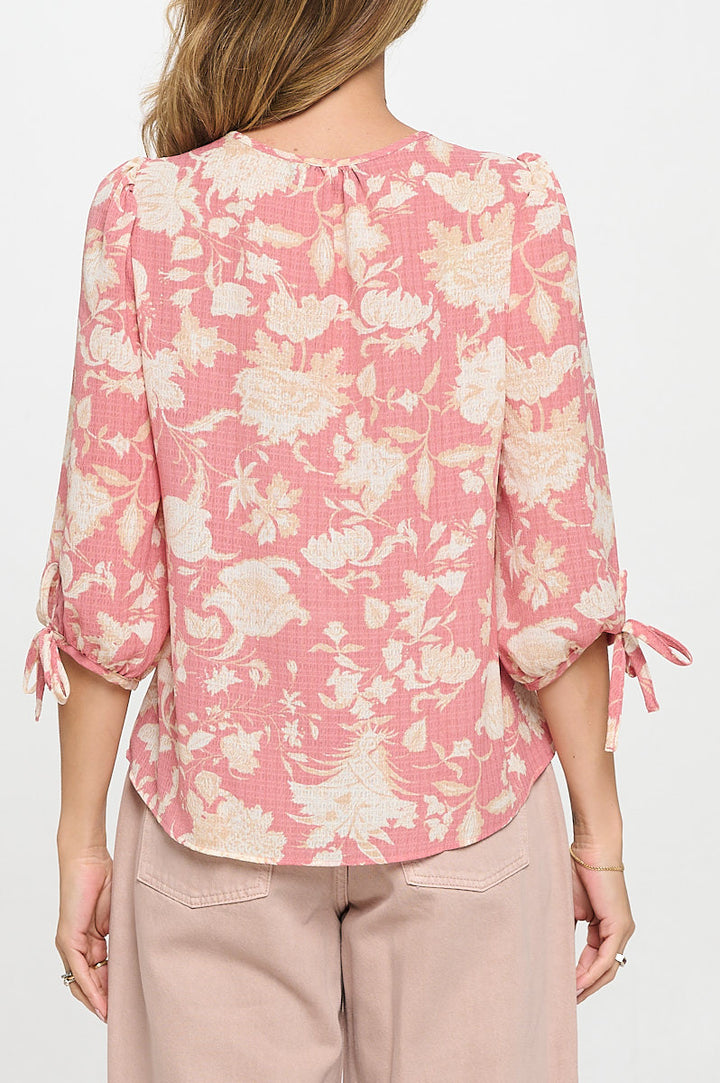 Floral Print V neck Top with Sleeve Tie-3