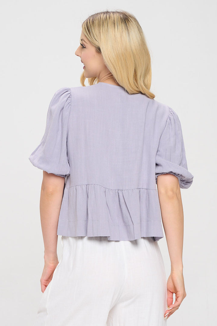 Linen Solid Puff Sleeve Top with Front Bow Detail-3
