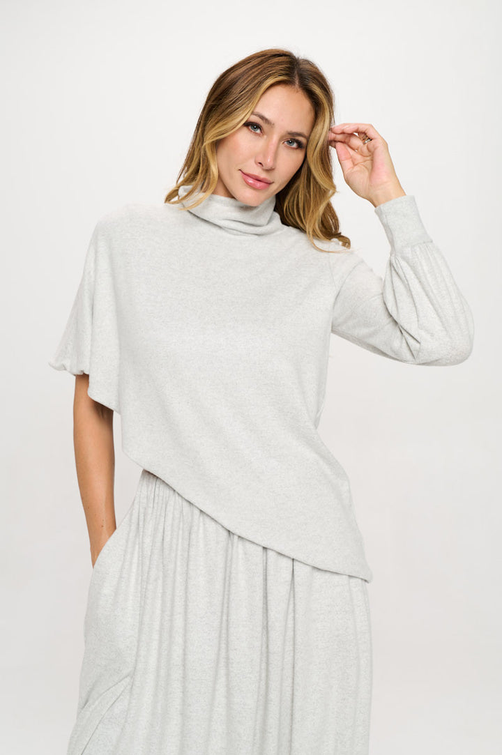 Knit Asymmetrical One Sleeve Mock neck Top-0