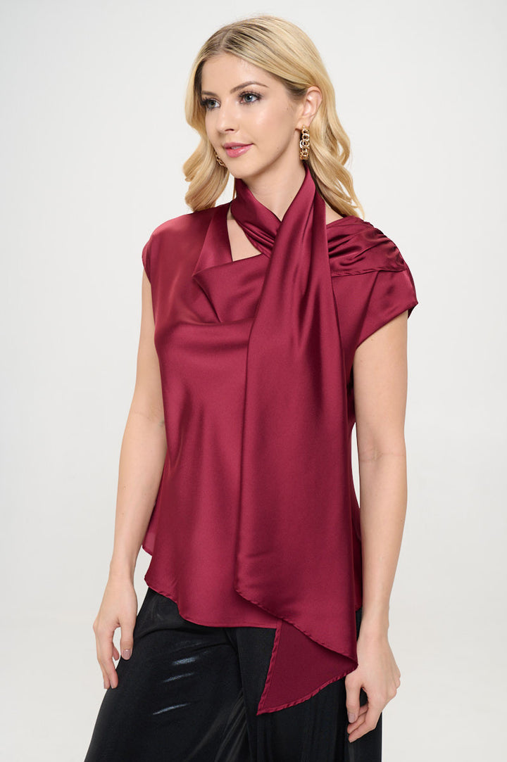 Satin Cowl Neck Short Sleeve Top with Scarf Detail-1