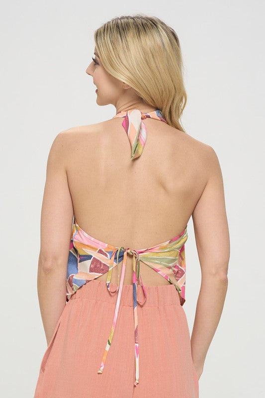 Tropical Leaf Print Halter Neck Backless Top-3