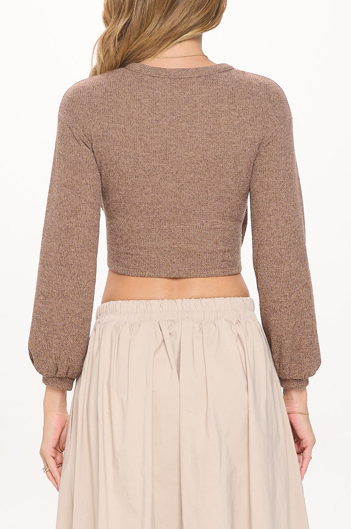 Solid V neck Surplice Crop Top with Long Sleeve-3