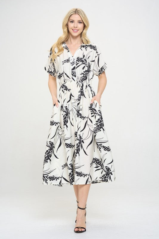Print Collared V neck Midi Dress with Pockets-2