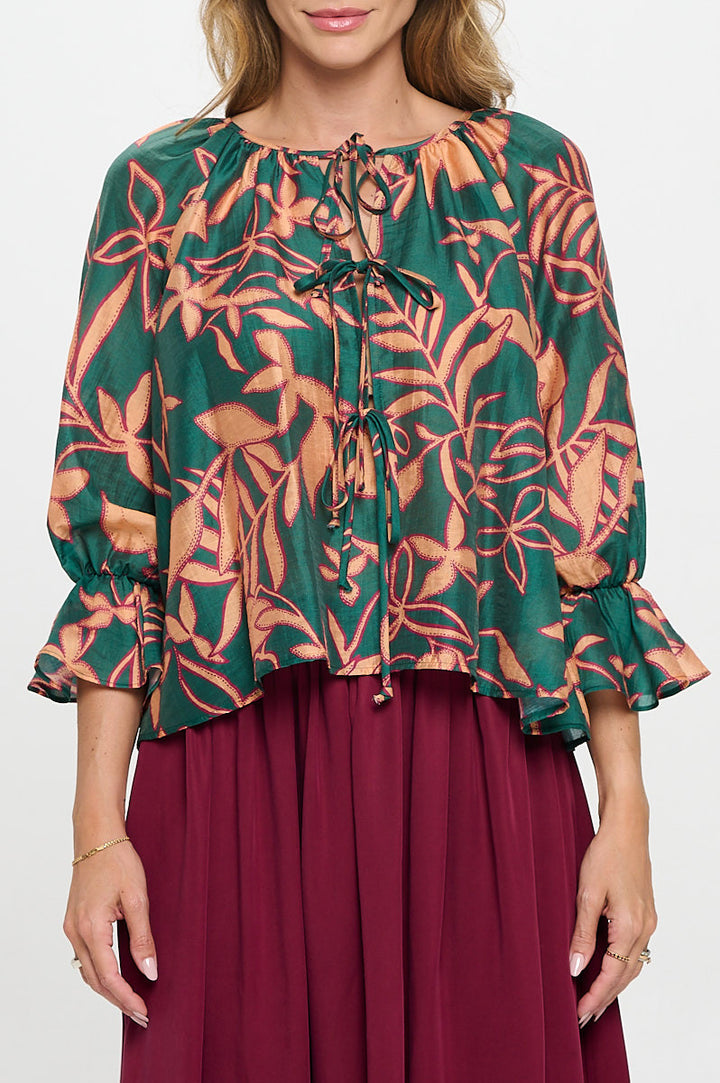 Print Round neck Top with Front Tie Detail.-1