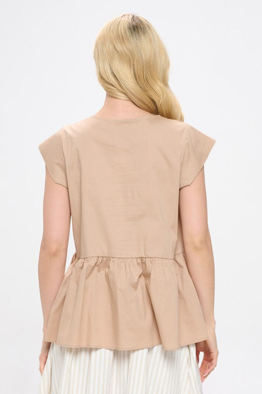 Cotton V neck Short Sleeve Top with Tiered Hem-3