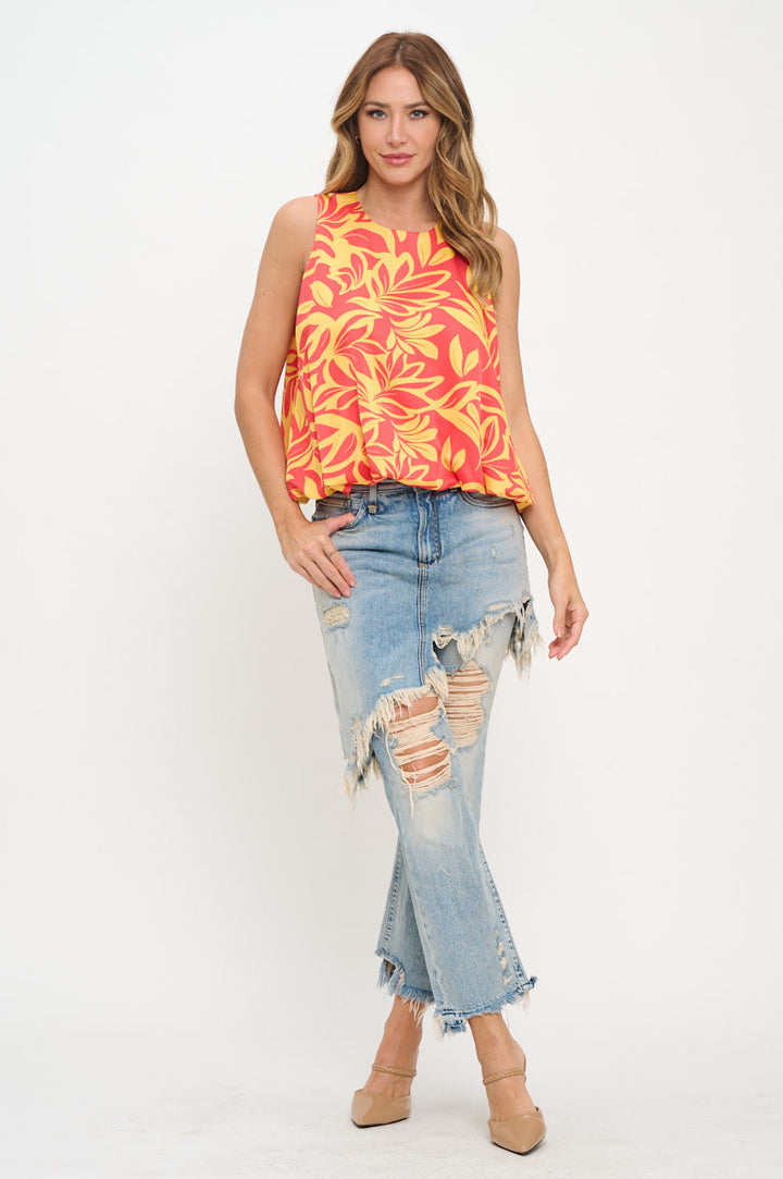Satin Print Sleeveless Top with Bubble Hem and Back Keyhole-4