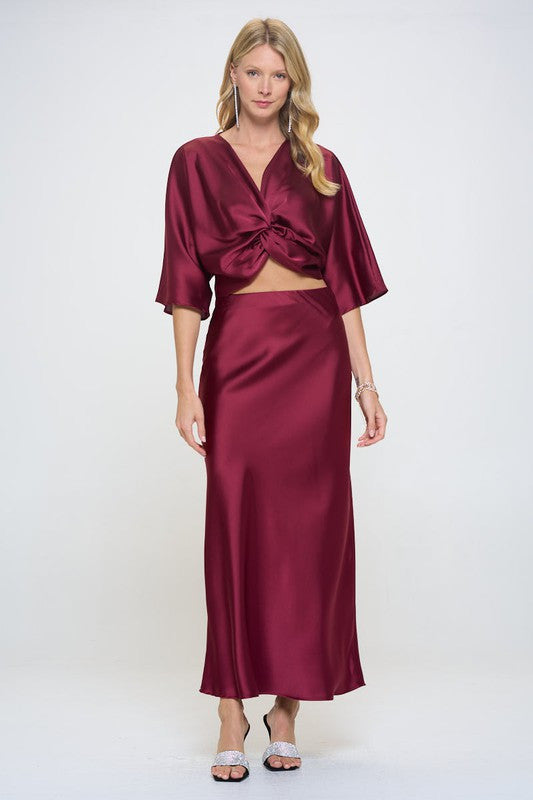 Satin Vibrant Short Sleeve Top with Front Twist-3