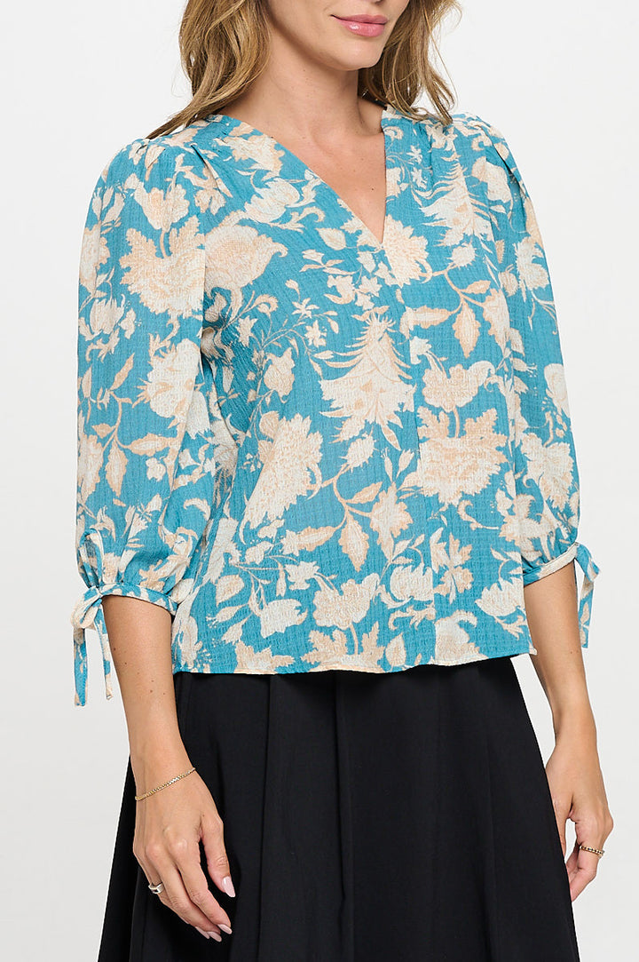 Floral Print V neck Top with Sleeve Tie-2