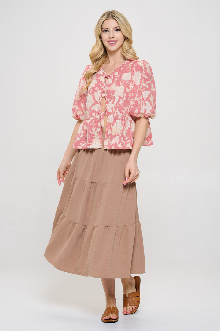 Floral Print Open Front Tie Detail with Puff Sleeve-4