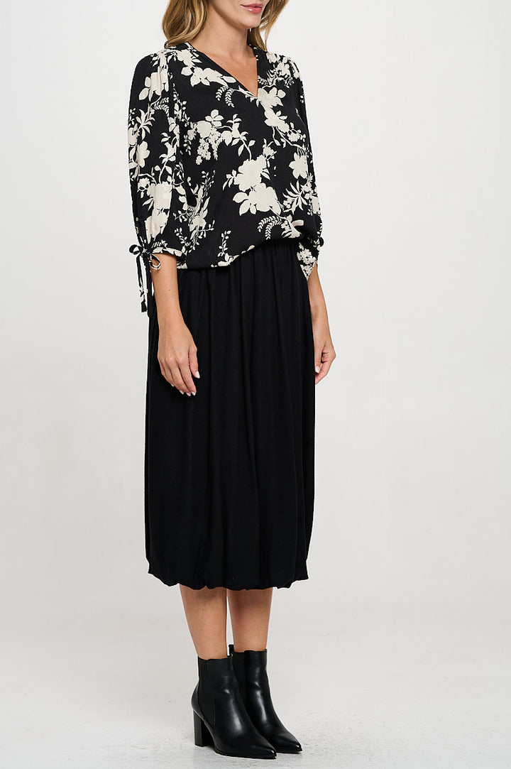 Floral Print V neck 3/4 Sleeve Top with Tie-2