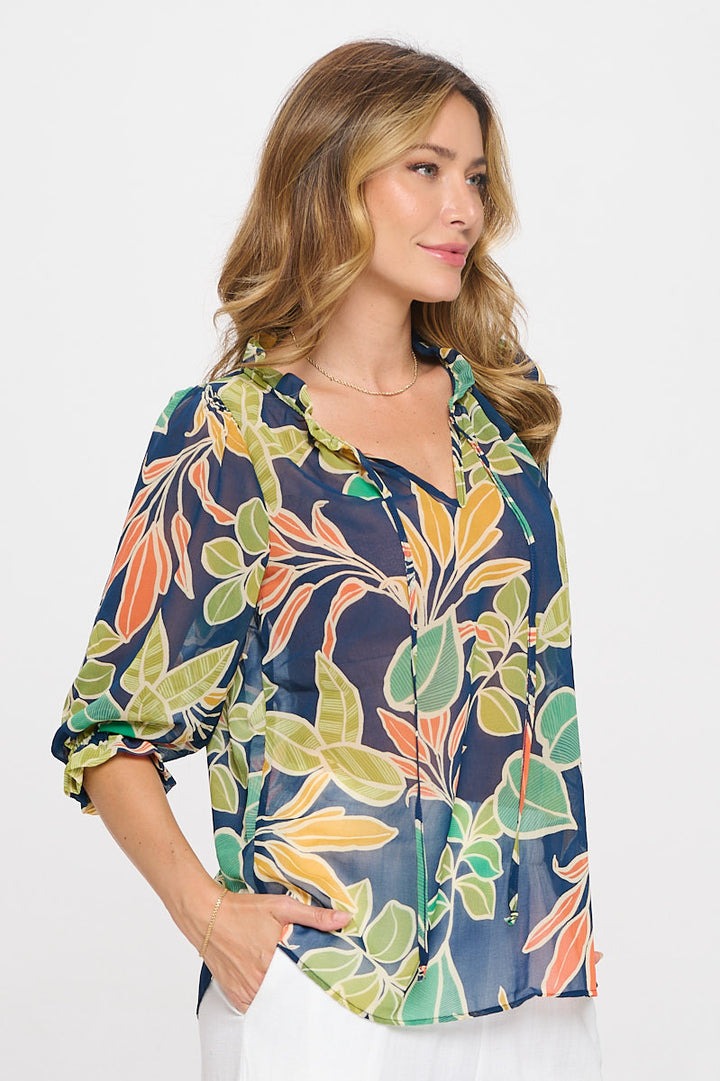 Semi Sheer Leaf Print 3/4 Sleeve Top with Tie-2