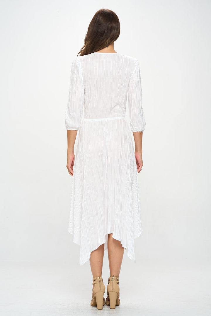 Plisse V neck Dress with Asymmetrical Hem-4