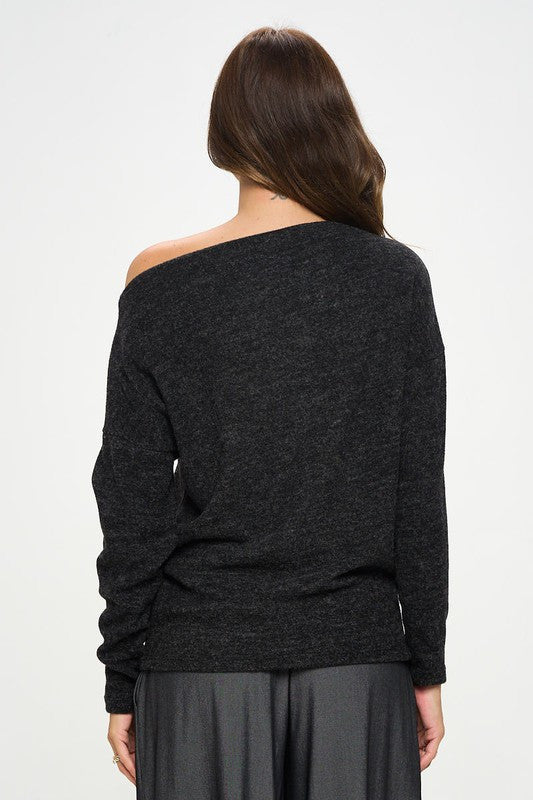 Charcoal ?Knit Off the Shoulder Top-3