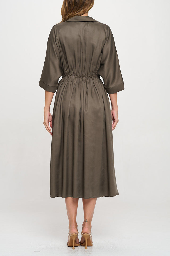 Tencel Collared V neck Midi Dress with Pockets-3