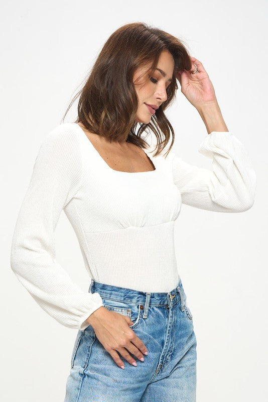 Square neck Rib Knit Long Sleeve Top-2