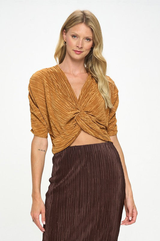 Plisse Mid Scrunched Sleeve Top with Front Twist-1