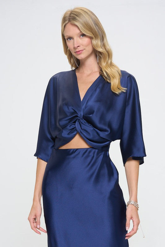 Satin Vibrant Short Sleeve Top with Front Twist-1