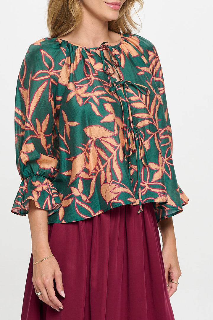 Print Round neck Top with Front Tie Detail.-2