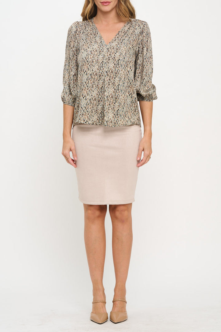 Polka Dot Print 3/4 Sleeve V neck Top-1