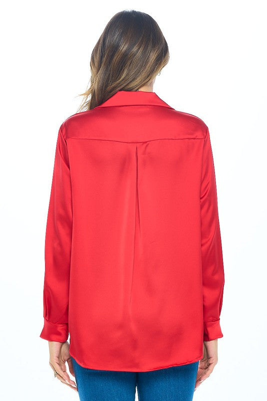 Stretch Satin V neck Top w/ Collar and Cuff Sleeve-2