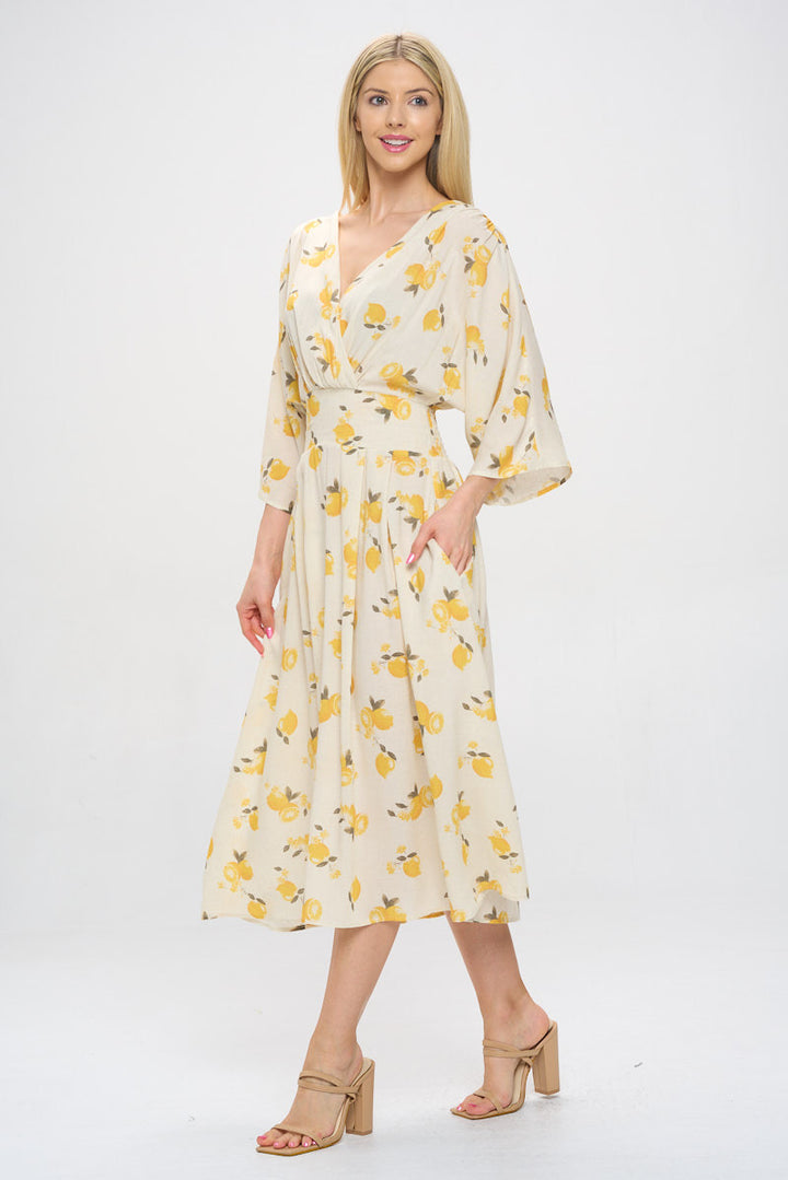 Lemon Print V neck Swing Midi Dress with Pockets-3