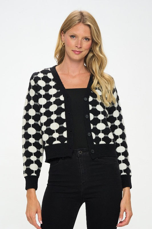 Print Knit Open Front Mini Cardigan with Buttons-2