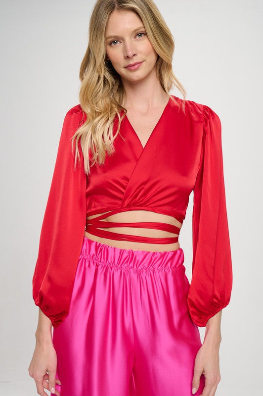 Silky Satin Wrap Crop Top with Tie-0